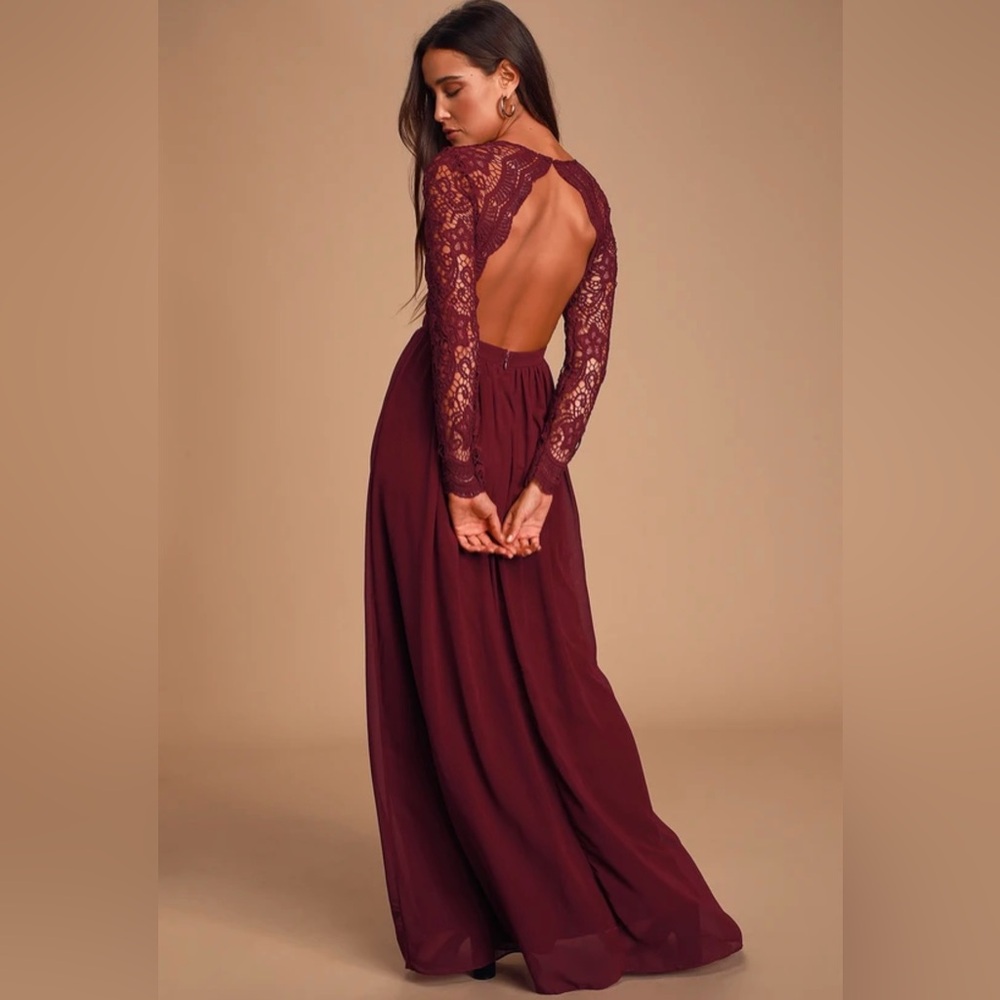 NEW Lulus Burgandy Long Sleeves Lace Maxi Dress XS